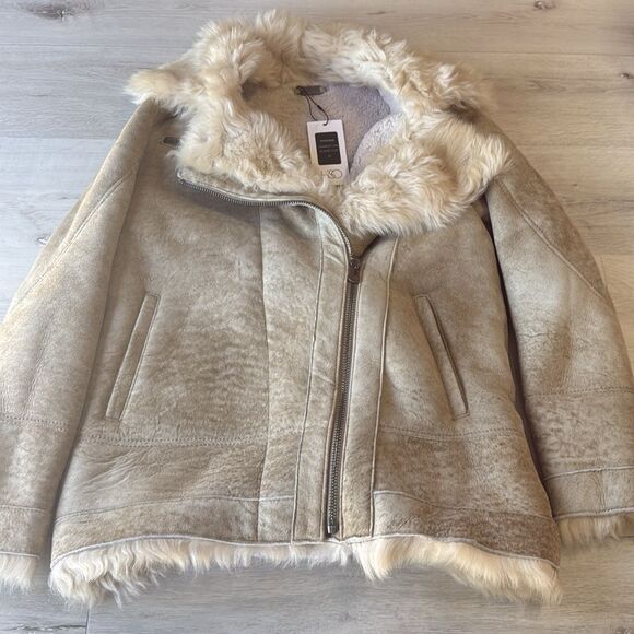 HiSO Rumour Shearling Moto Coat Cement Medium NWT in packaging - Picture 10 of 12